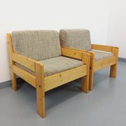 Set of 2 vintage fireside chairs in pine and fabric from the 70s