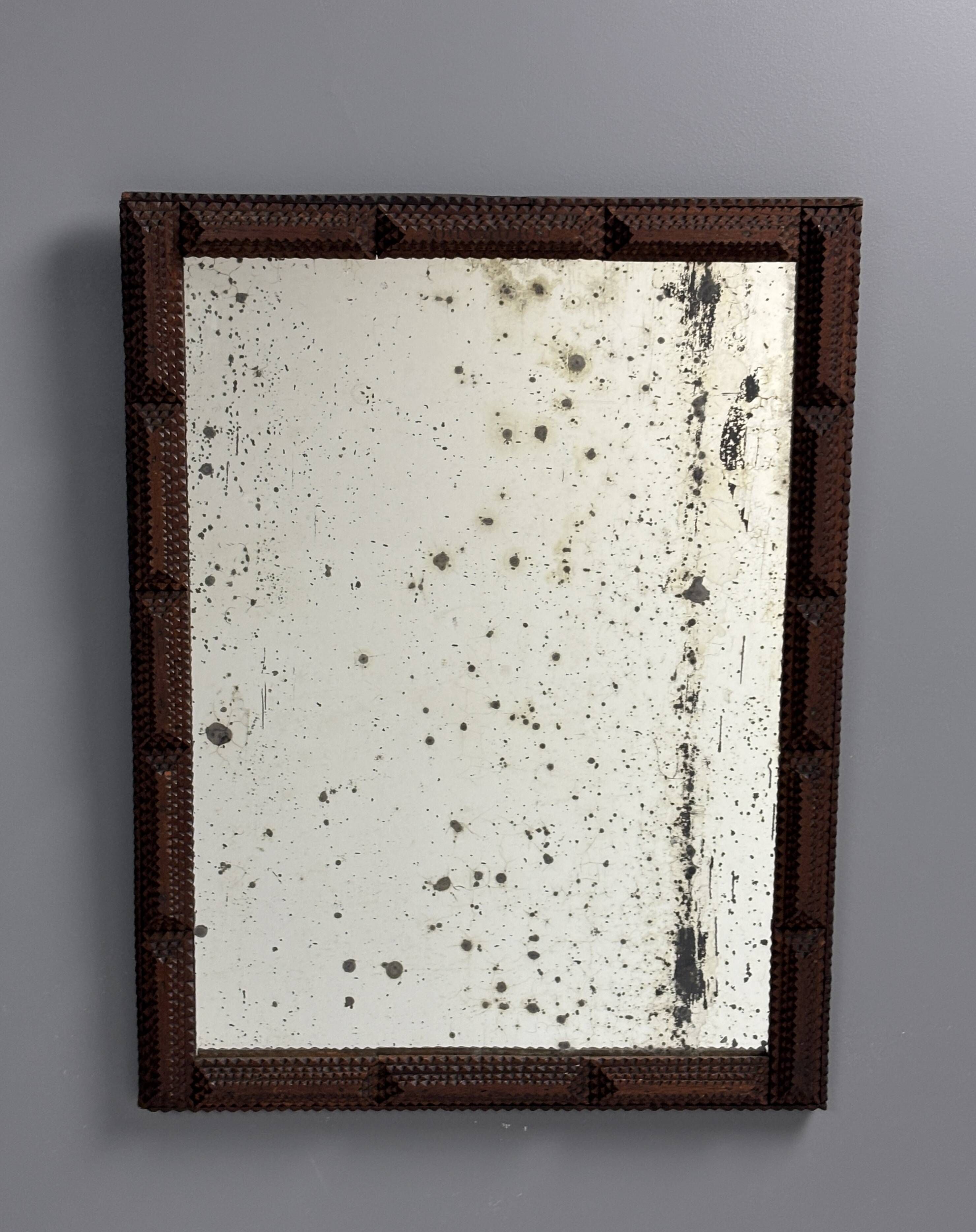 Antique tramp art folk art distressed mirror, Belgium ca 1900s