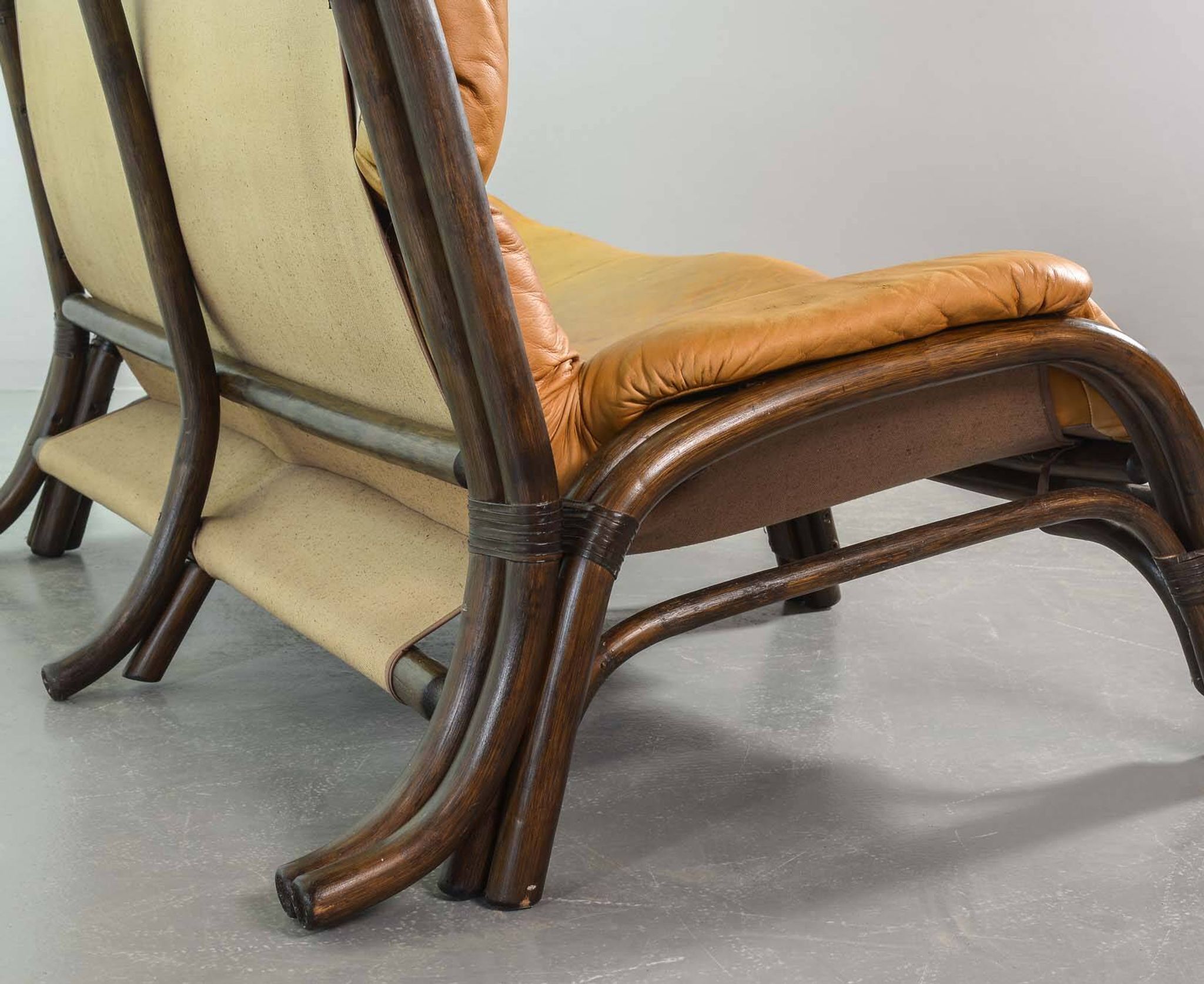 Brutalist Bentwood Love Seat Bamboo Sofa w. Caramel Leather Upholstery, 60s