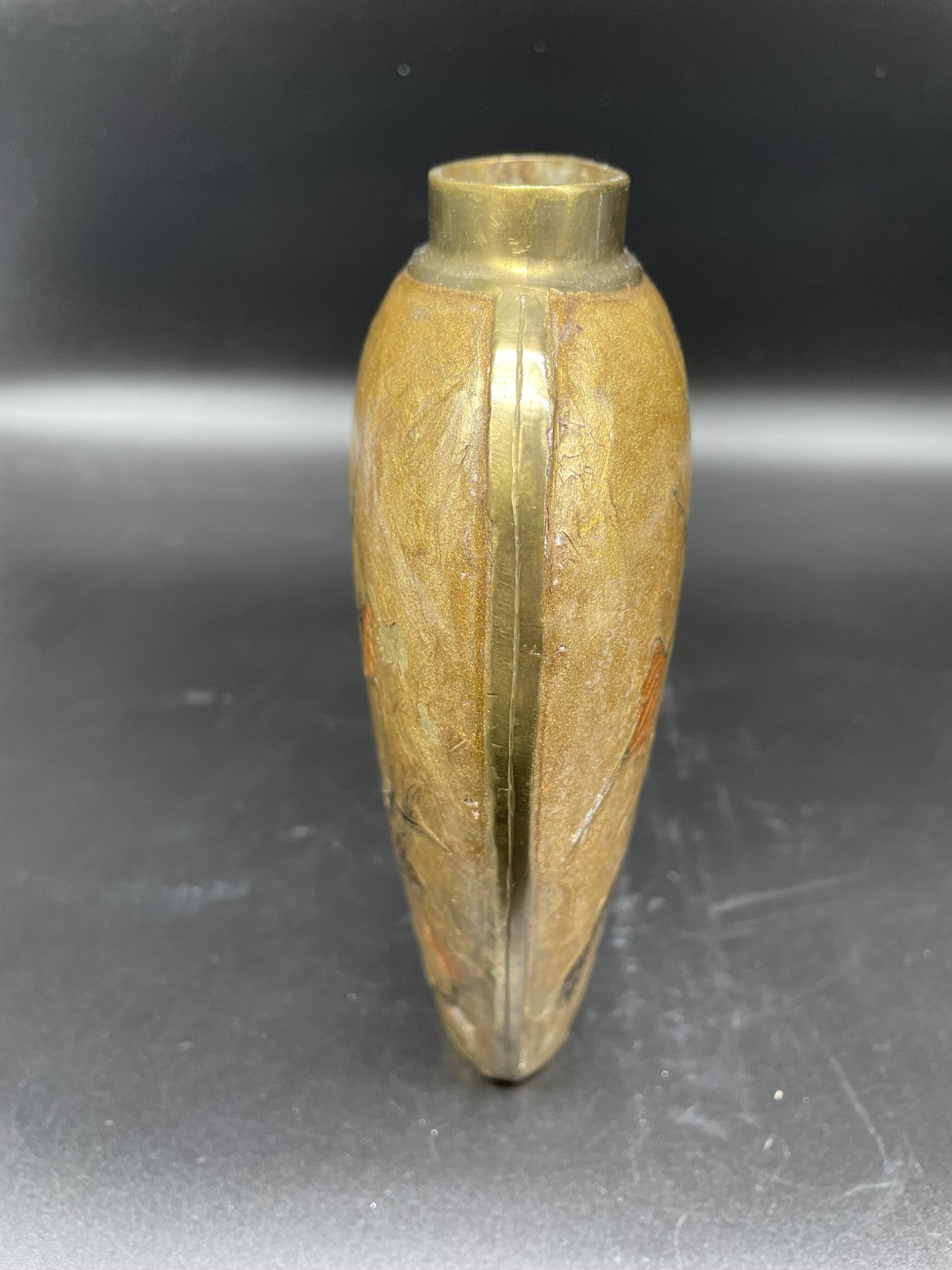 Vase, oblong shape, solid brass, bronze color, cloisonné enamel, floral decoration, flower, orange