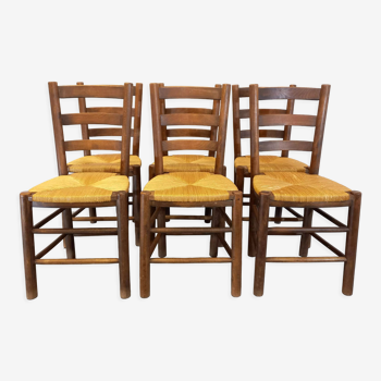 Suite de 6 chaises brutalistes vintage en bois et paille des années 60