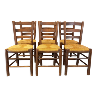 Suite de 6 chaises brutalistes vintage en bois et paille des années 60