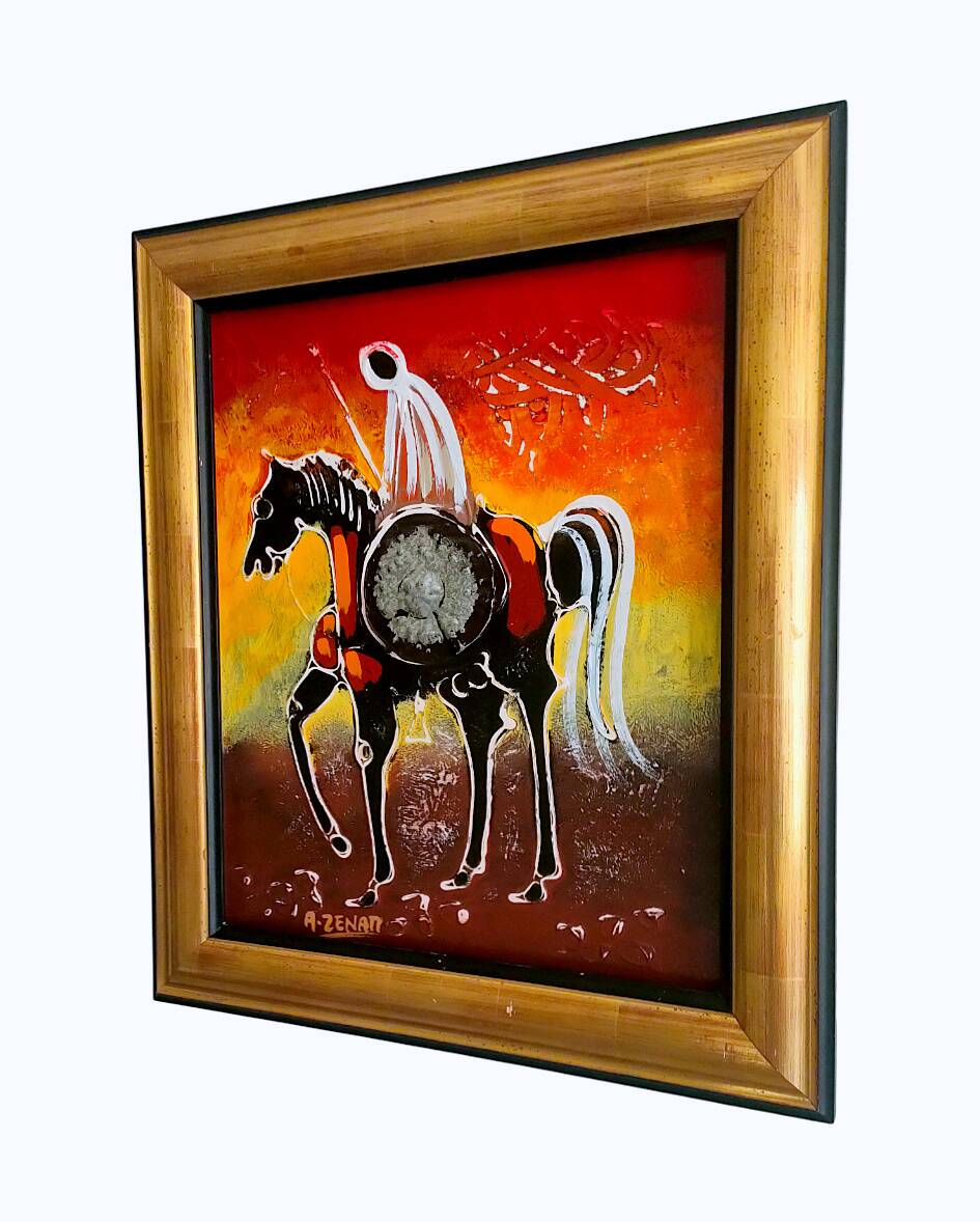 Painting signed A. ZENATI (Abderrahmane, 1943) – Oil on wood panel – Cavalier Fantasia