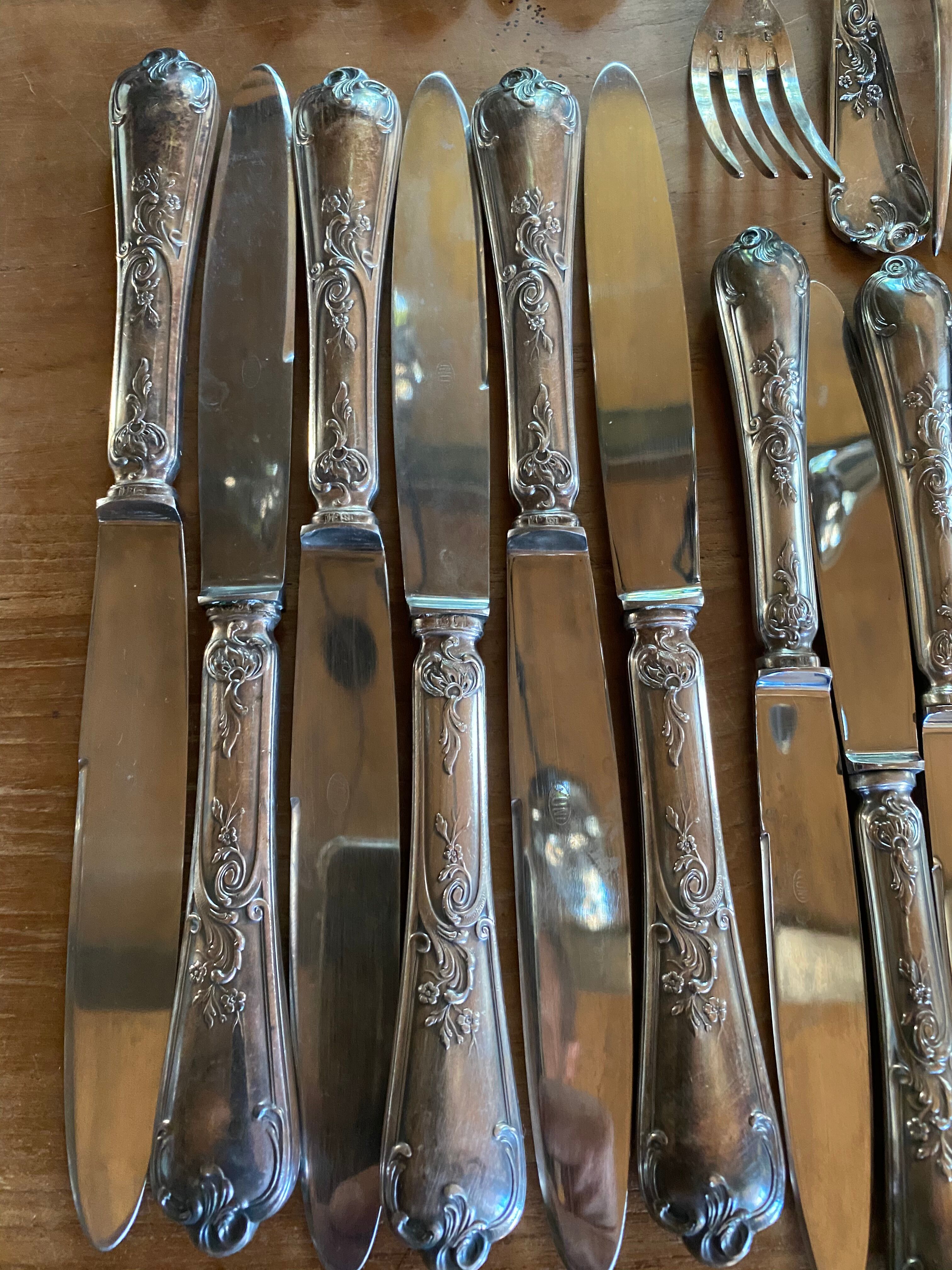 Complete silver metal cutlery housewife for 12 people