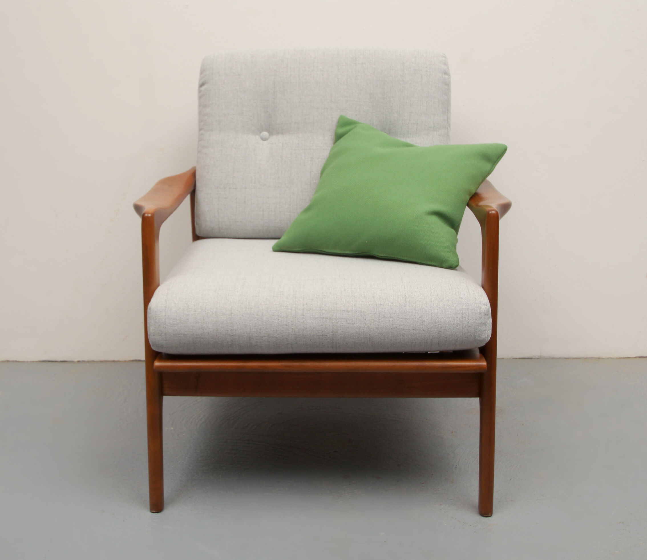 1960s armchair in cherrywood, light grey with green cushion