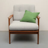 1960s armchair in cherrywood, light grey with green cushion