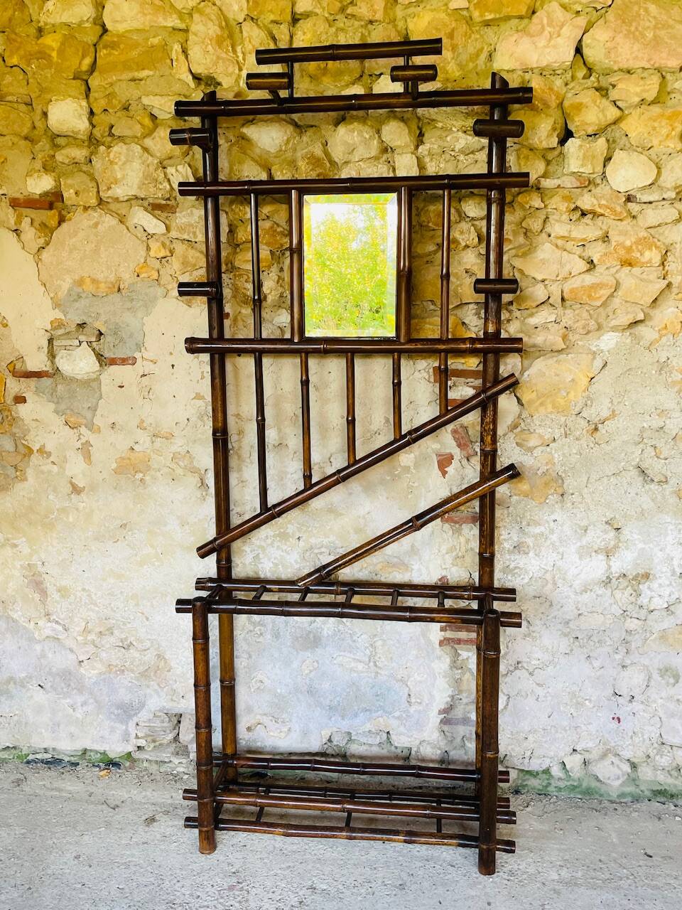 Vestiaire d’entree vintage en bambou avec miroir circa 1920’s