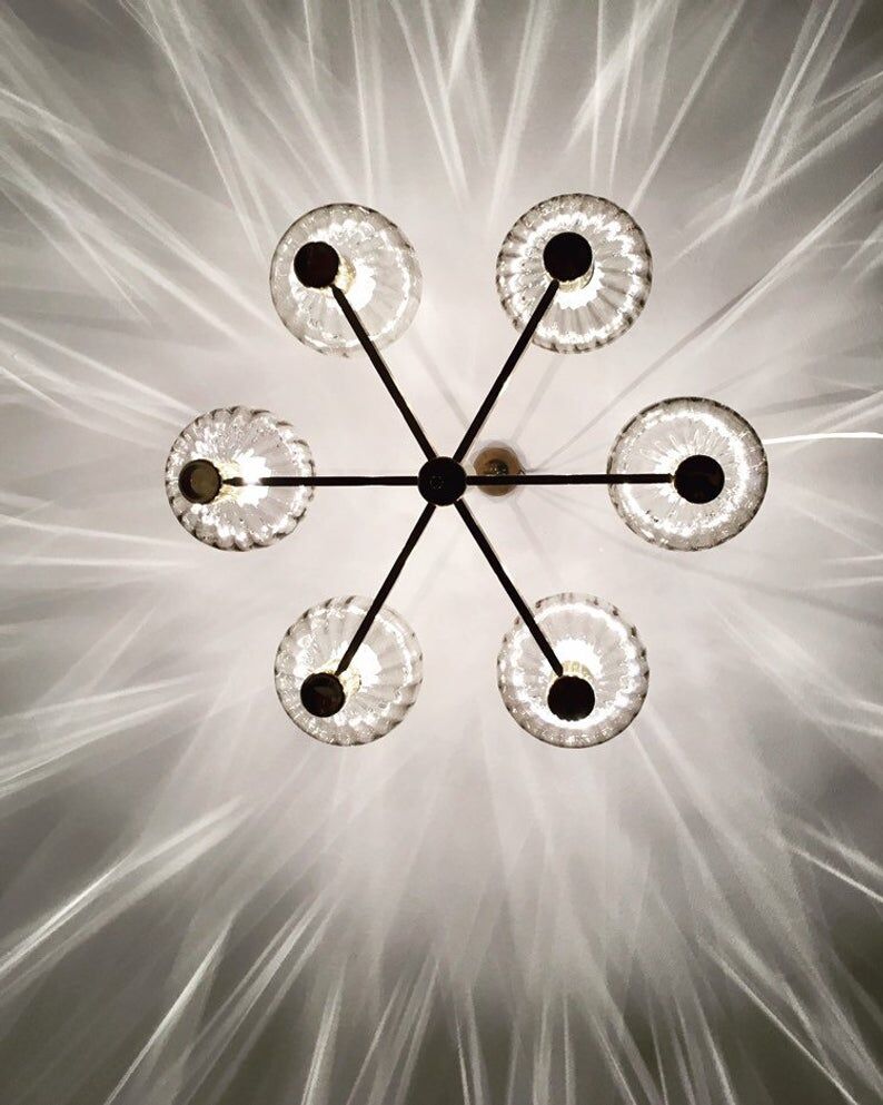 Mid Century Modern brass chandelier with smoked glass shades
