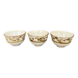 Trio of white speckled glazed stoneware bowls, gestural brown decoration – signed