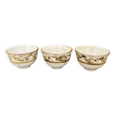 Trio of white speckled glazed stoneware bowls, gestural brown decoration – signed