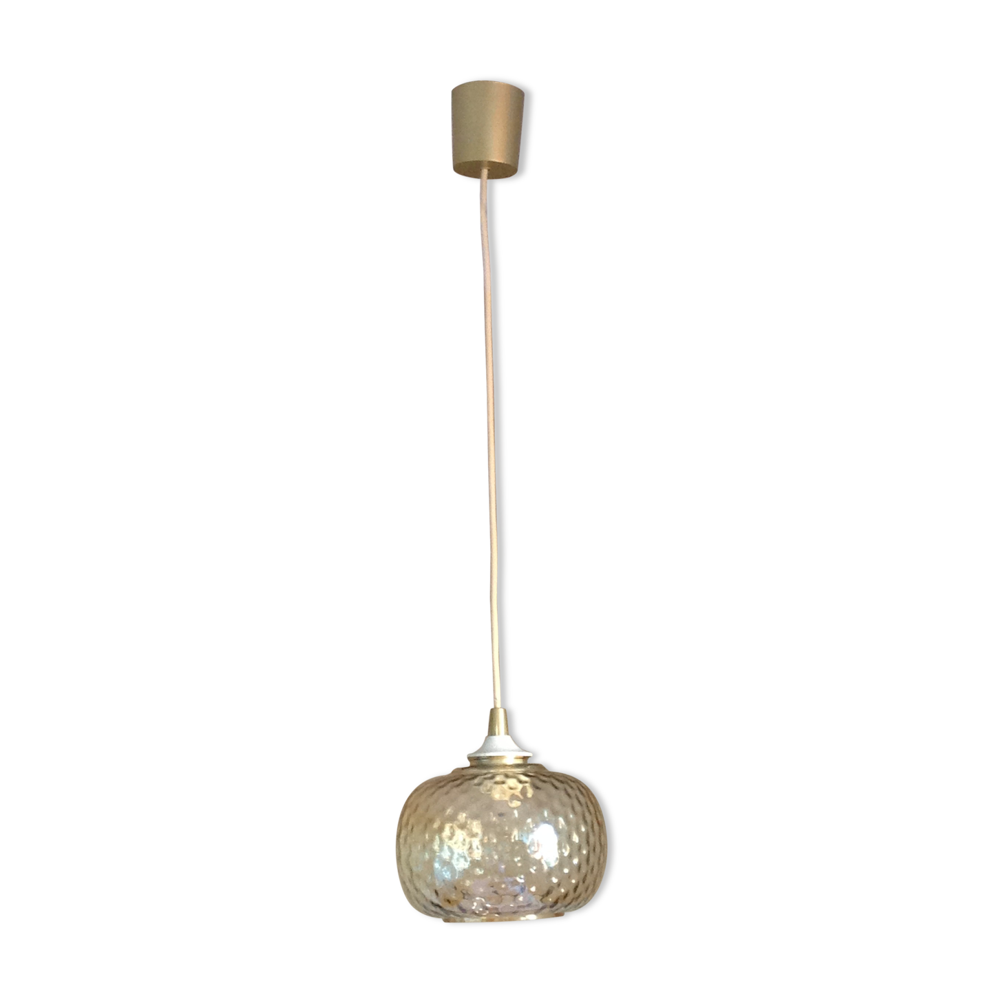 Globe pendant lamp in bubbled amber glass / vintage 60s-70s
