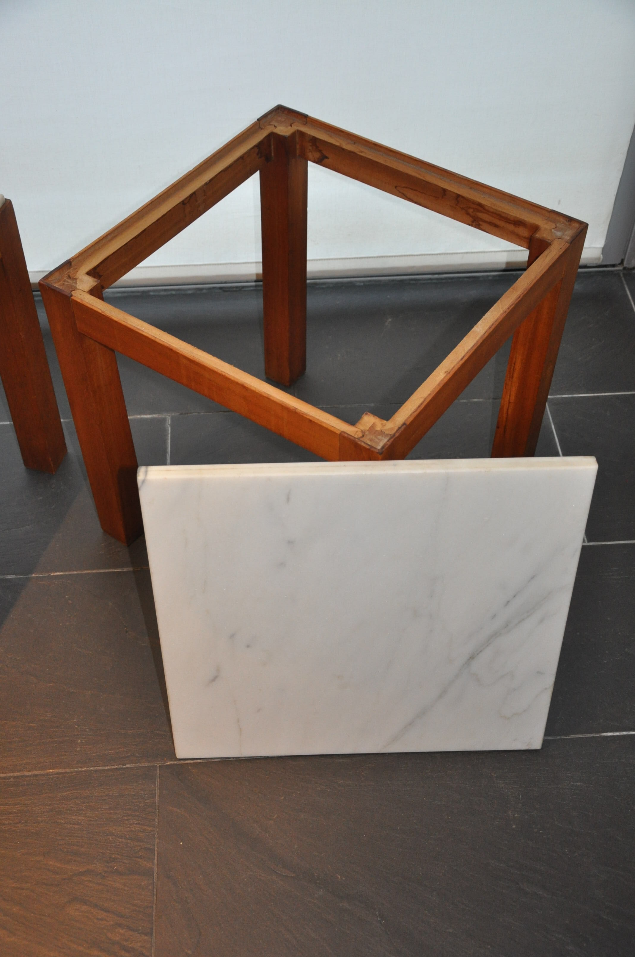 Pair of wooden and marble side tables