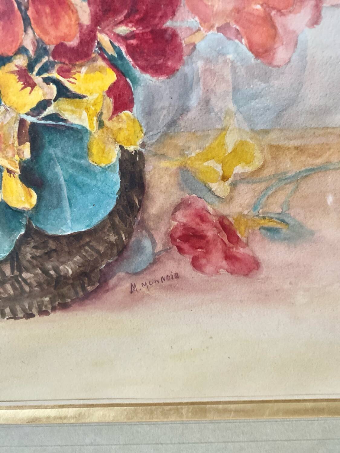 Grand tableau Aquarelle encadrées fin 19e siècle motif panier de fleurs