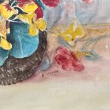 Grand tableau Aquarelle encadrées fin 19e siècle motif panier de fleurs