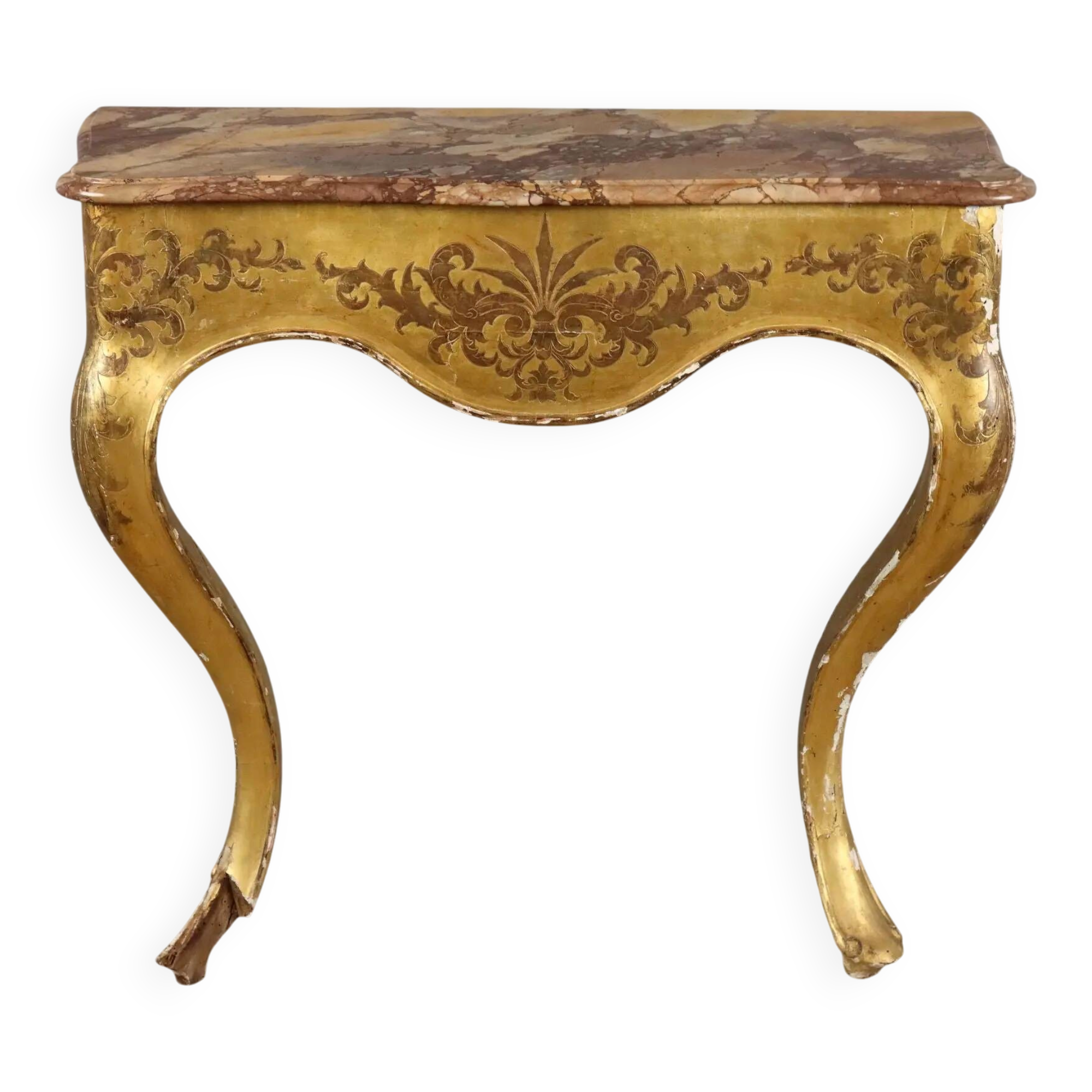 Antique gilded wooden console with marble top, Italy, 19th century.