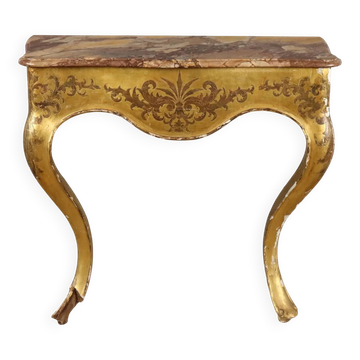 Antique gilded wooden console with marble top, Italy, 19th century.
