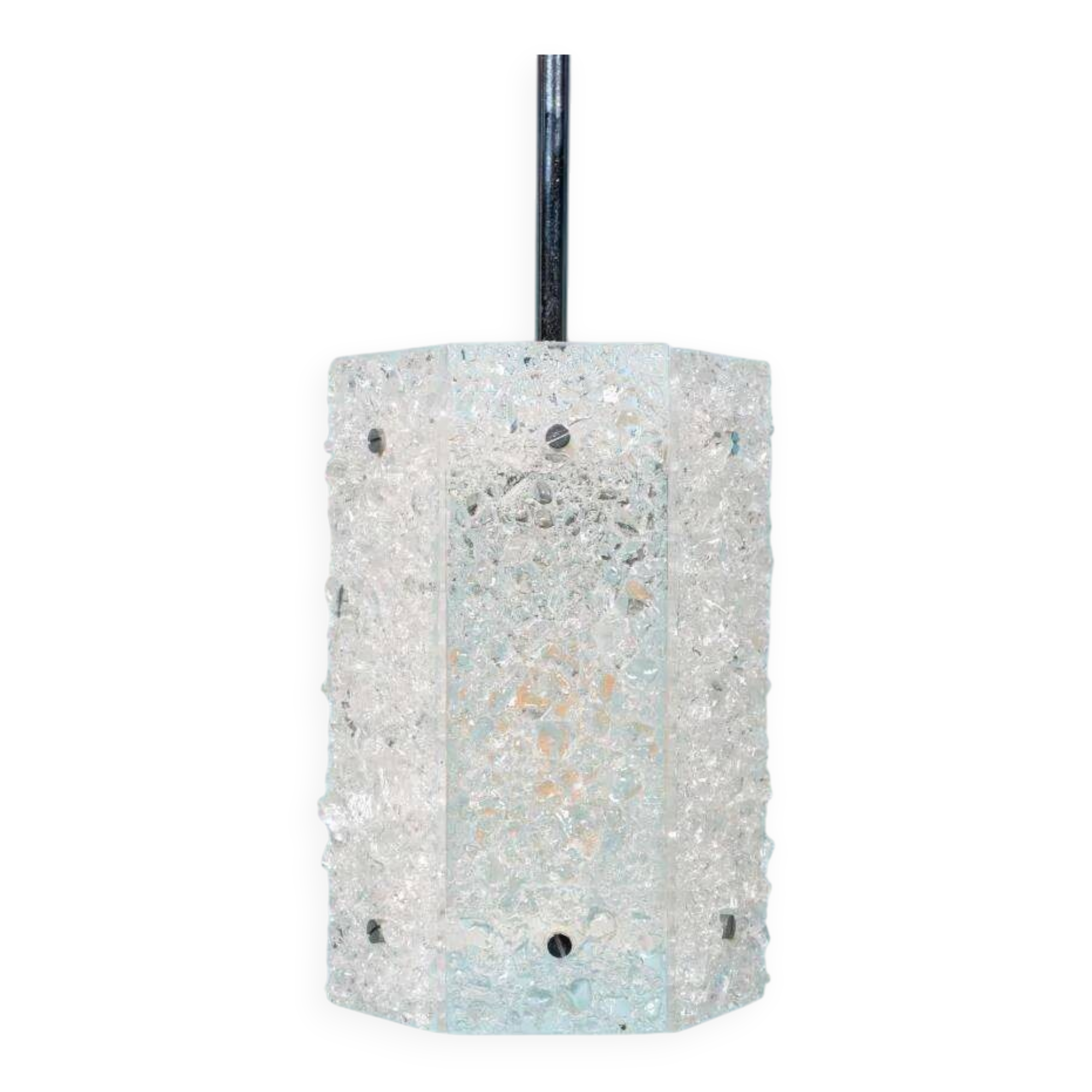 Vintage hexagonal glass and chrome pendant lamp from the 1960s.