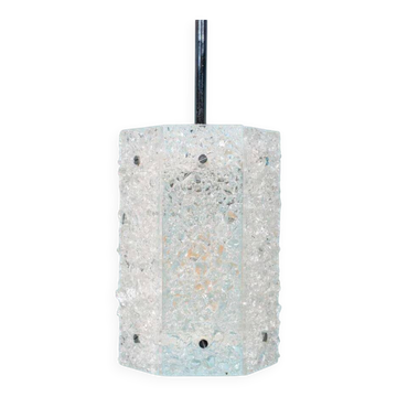Vintage hexagonal glass and chrome pendant lamp from the 1960s.