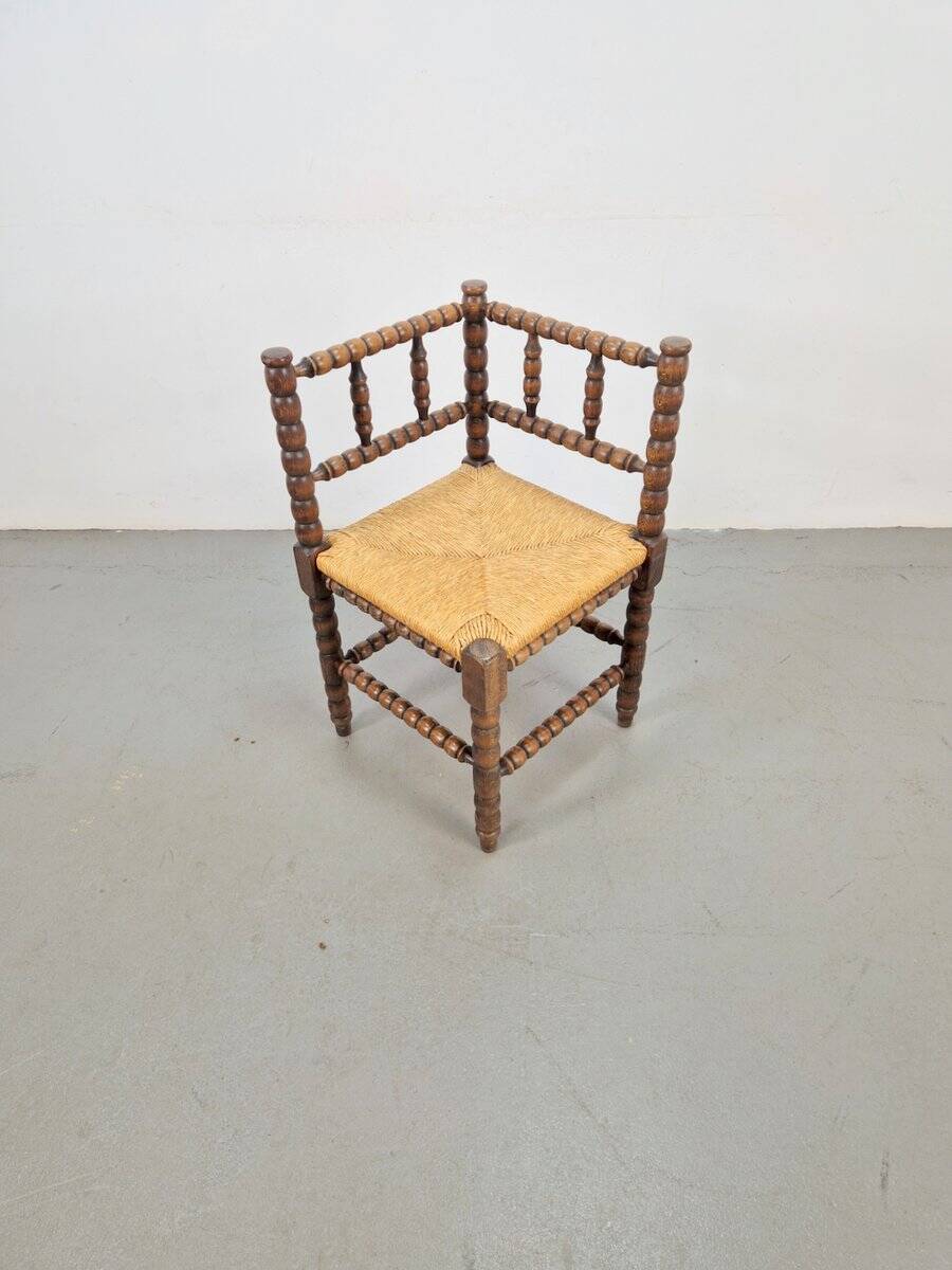 Mid-Century Modern Arts and Craft Style Bobbin Corner Chair in Oak with Rush Seat, 1950s