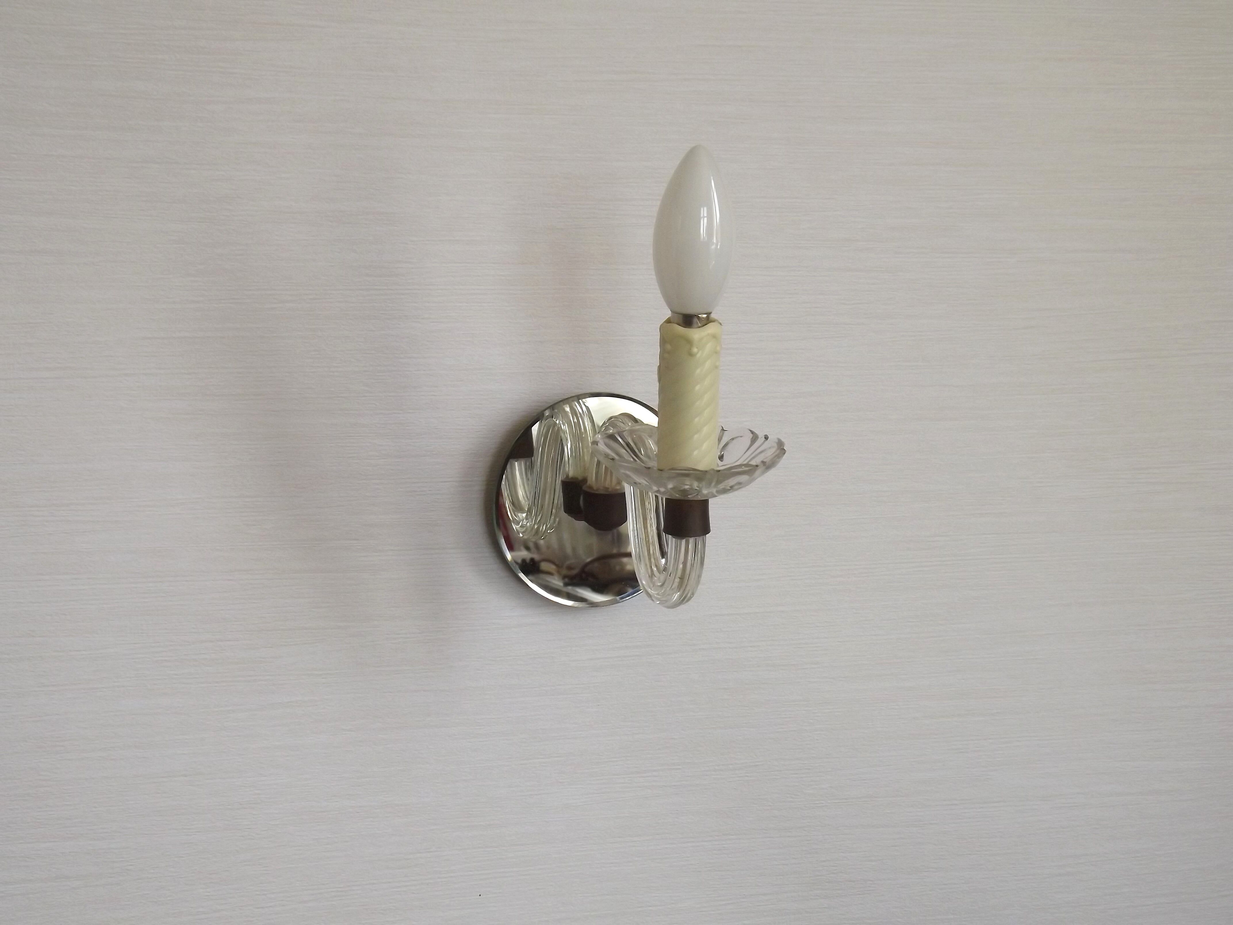 French Vintage Small Mirrored Backplate Wall Sconce Glass Arm & Bobeche