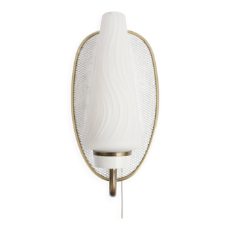 1950s wall lamp in perforated metal, brass and opaline