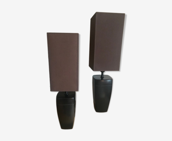 Paire de lampes en céramique marron avec abat jour