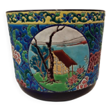 Beautiful large Longwy enamel cachepot with a cabin and chrysanthemum cartouche