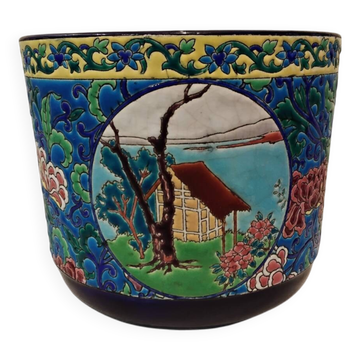 Beautiful large Longwy enamel cachepot with a cabin and chrysanthemum cartouche