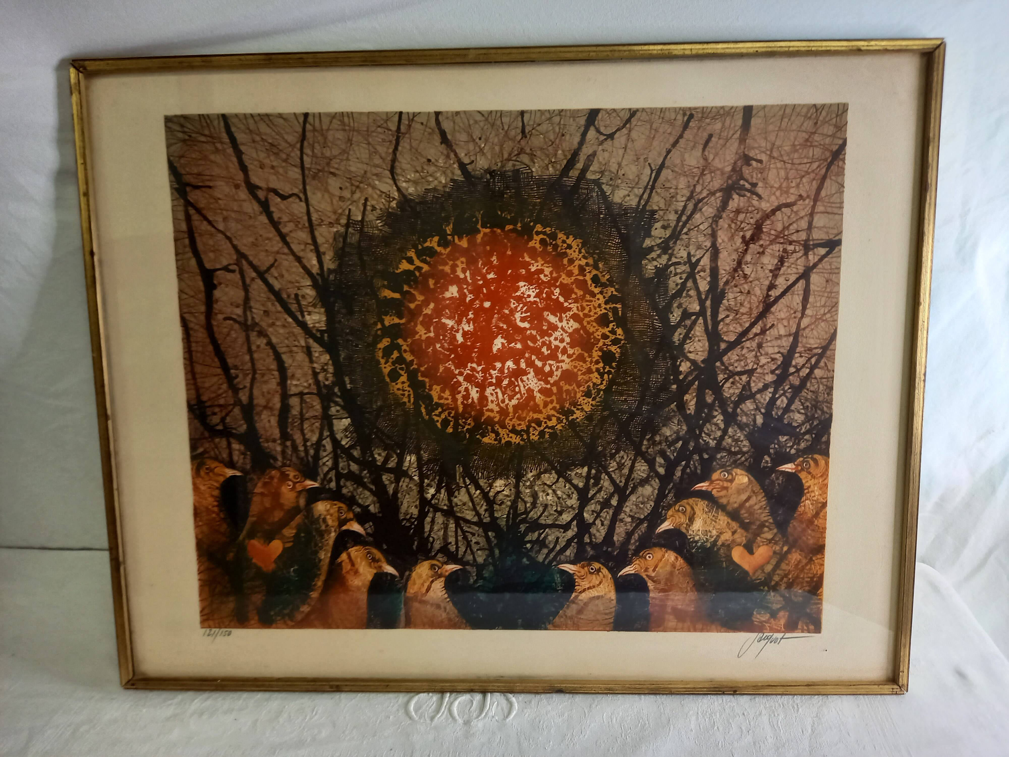 Original lithograph by Pierre-Henri Jacquot (1929-2009), birds and sun, framed and signed