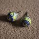 Pair of blue, yellow and white porcelain drawer cupboard door knobs