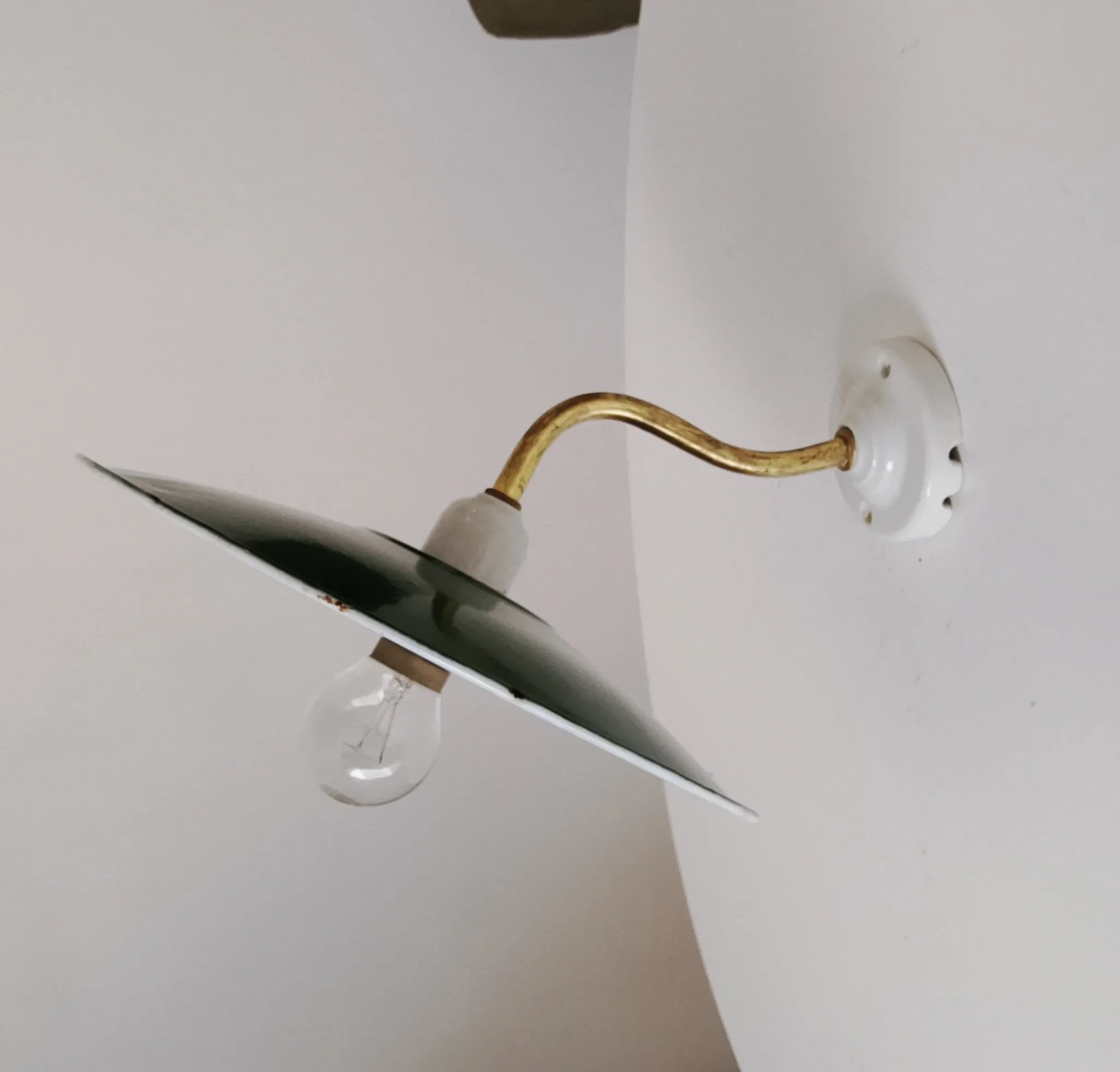 Antique wall light with a swan neck in enamelled metal, porcelain, and brass.