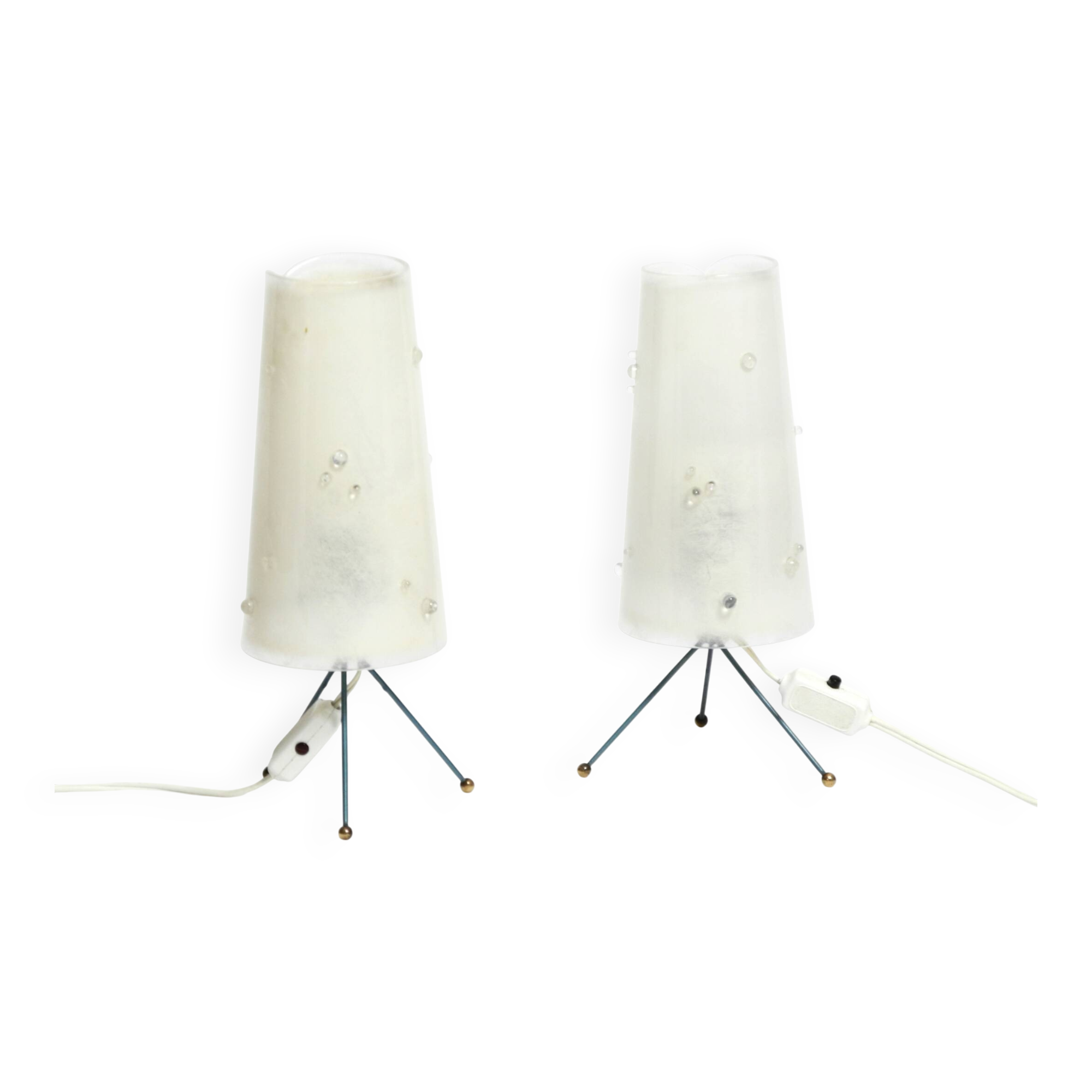Two very Mid Century Modern tripod table lamps with white plexiglas shades