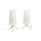 Two very Mid Century Modern tripod table lamps with white plexiglas shades