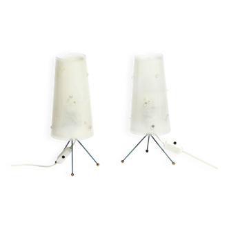 Two very Mid Century Modern tripod table lamps with white plexiglas shades