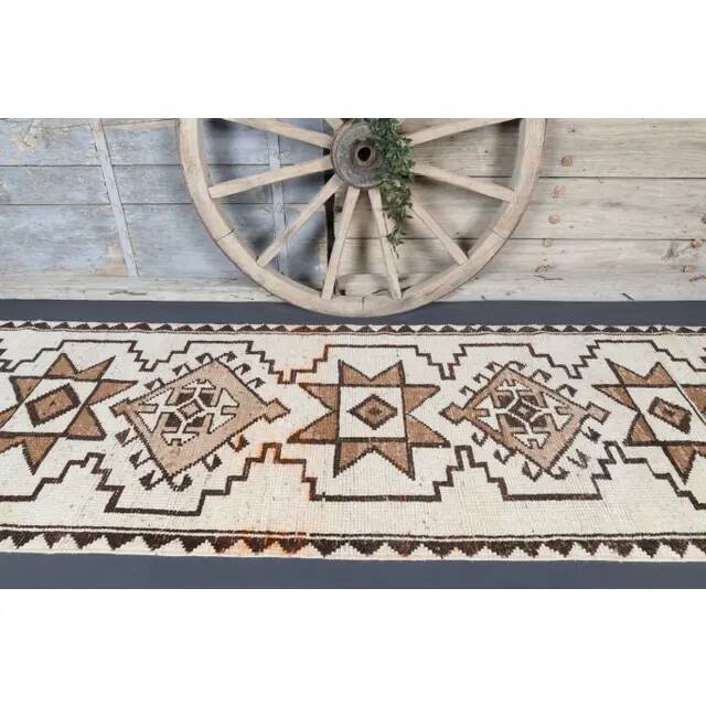 Vintage Turkish Oushak handmade wool cotton white runner rug  91x340