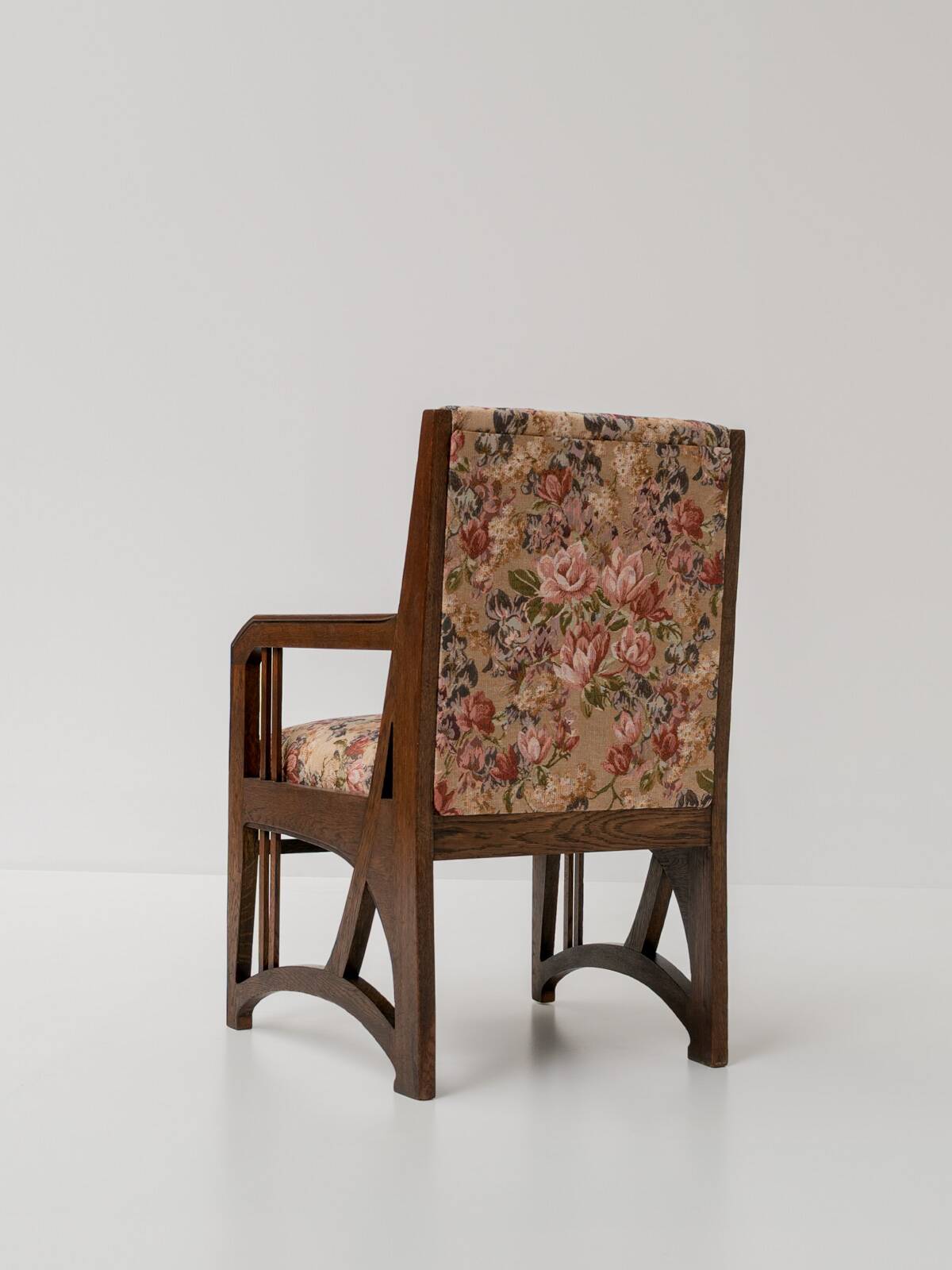 Antique Art Nouveau Armchair in Oak and Floral Upholstery, Belgium ca 1900s