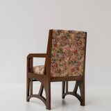 Antique Art Nouveau Armchair in Oak and Floral Upholstery, Belgium ca 1900s