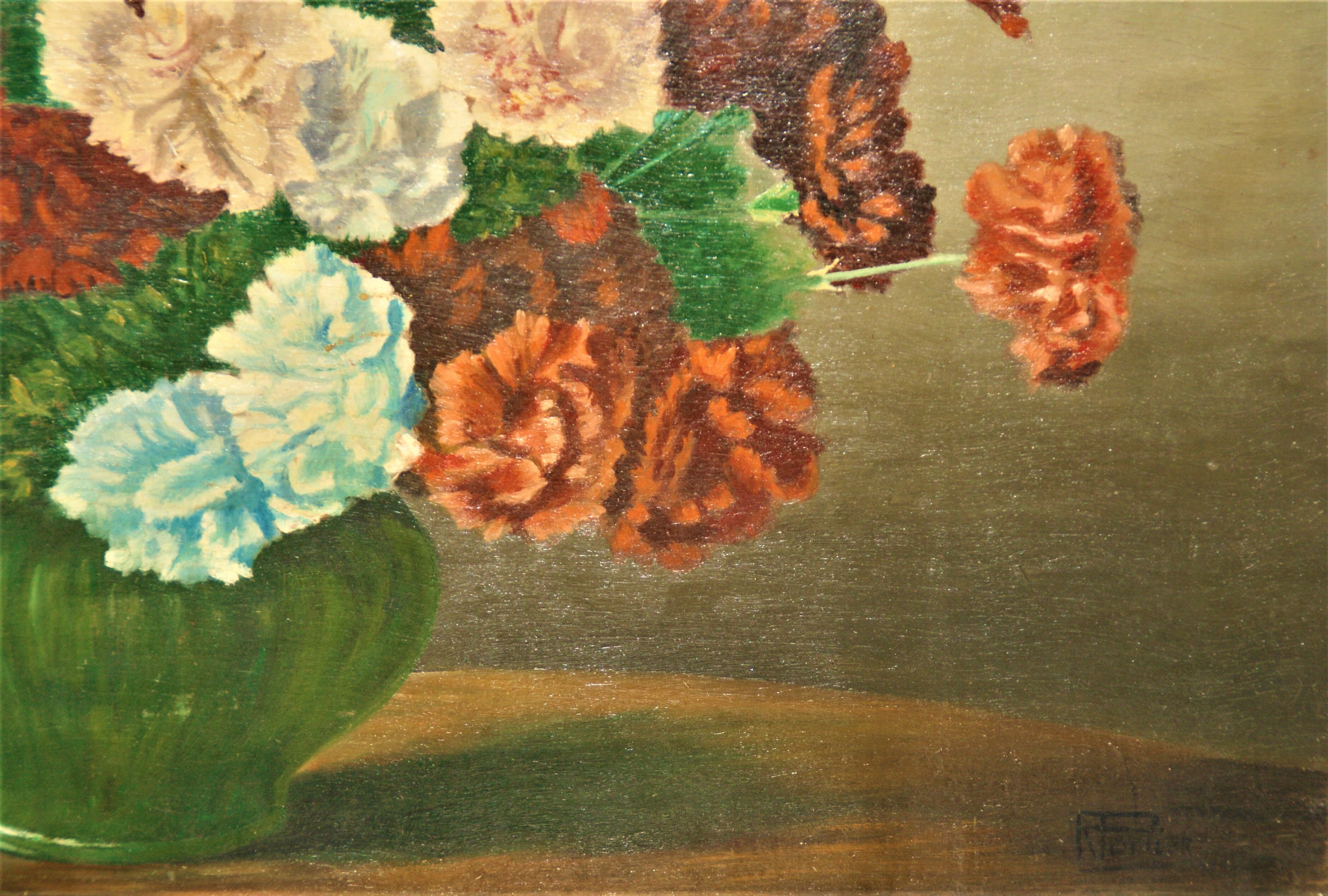 Oil on panel bouquet of carnations signed