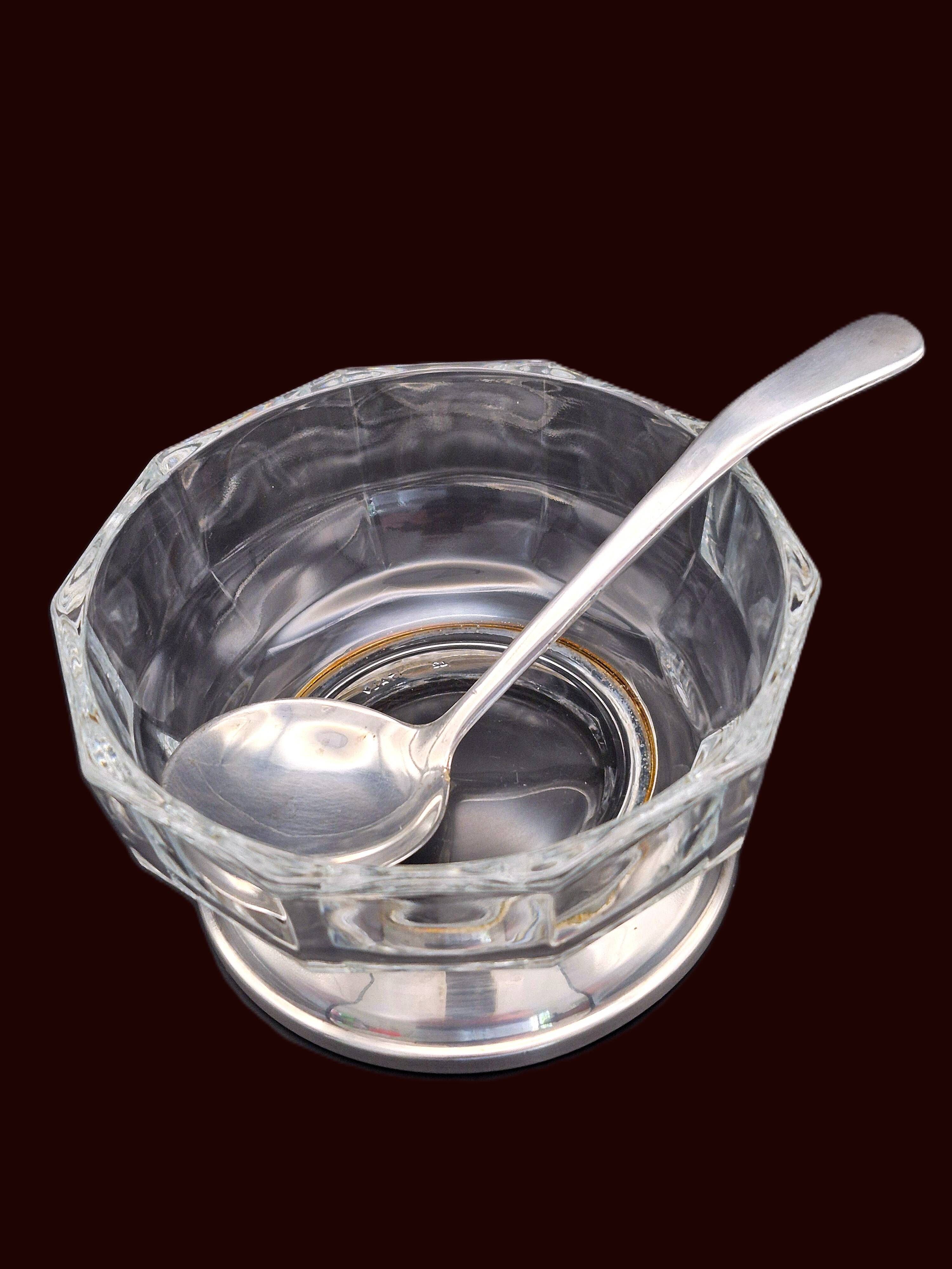 Art Deco thick crystal/glass bowl, silver-plated metal pedestal.