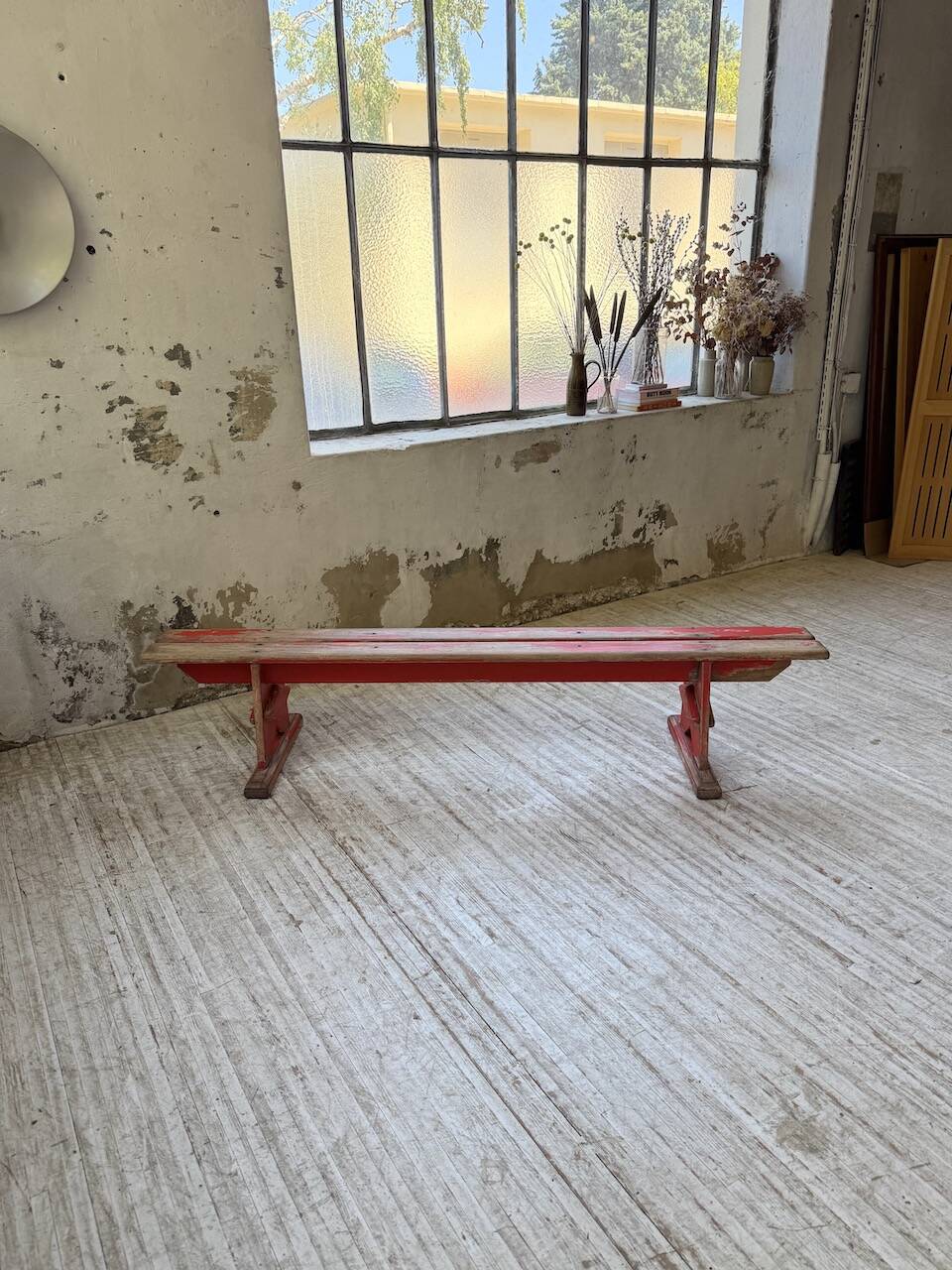 1950s oak bench with red patina, 2m