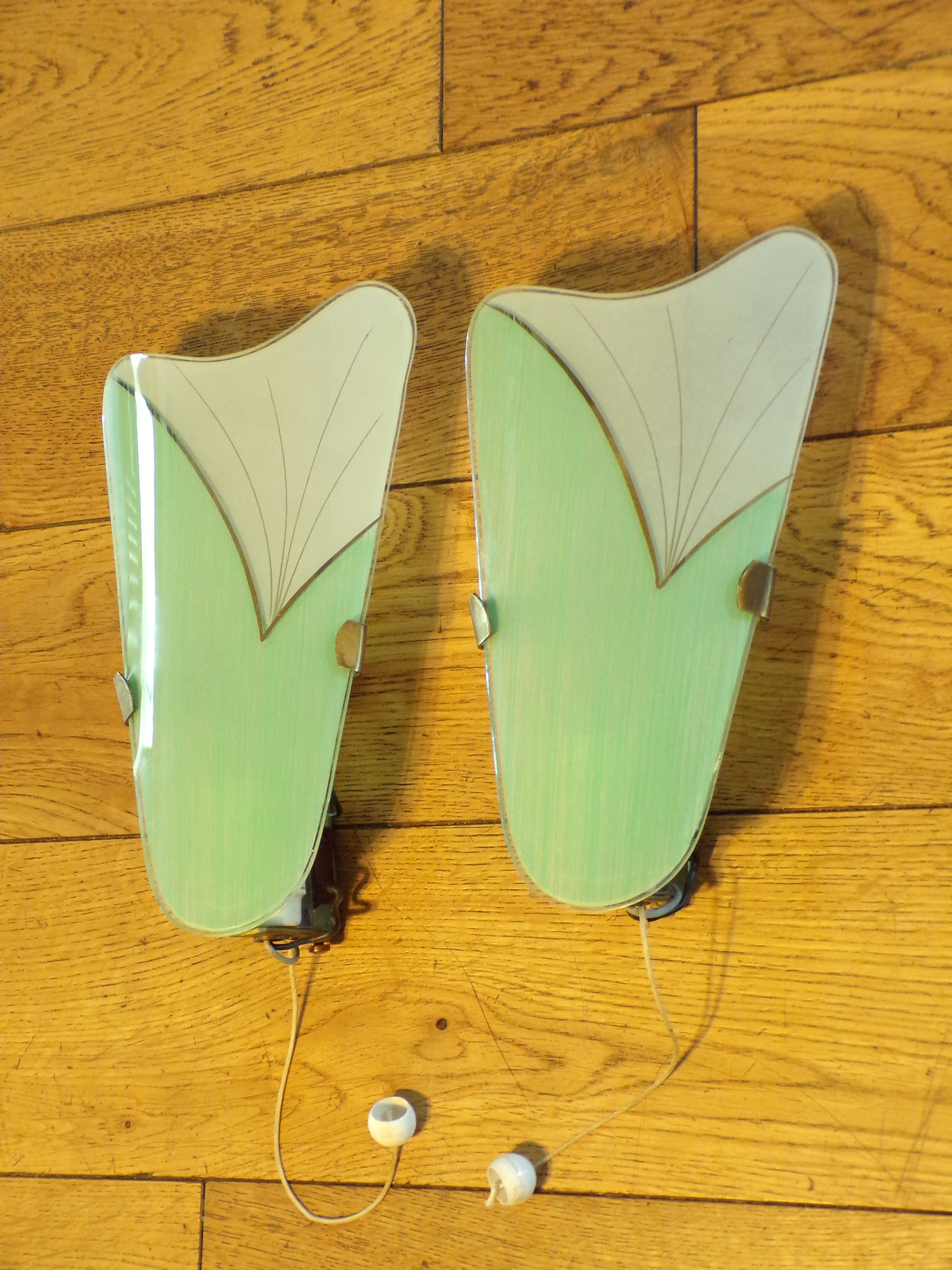 Pair of modernist sconces in screen-printed glass