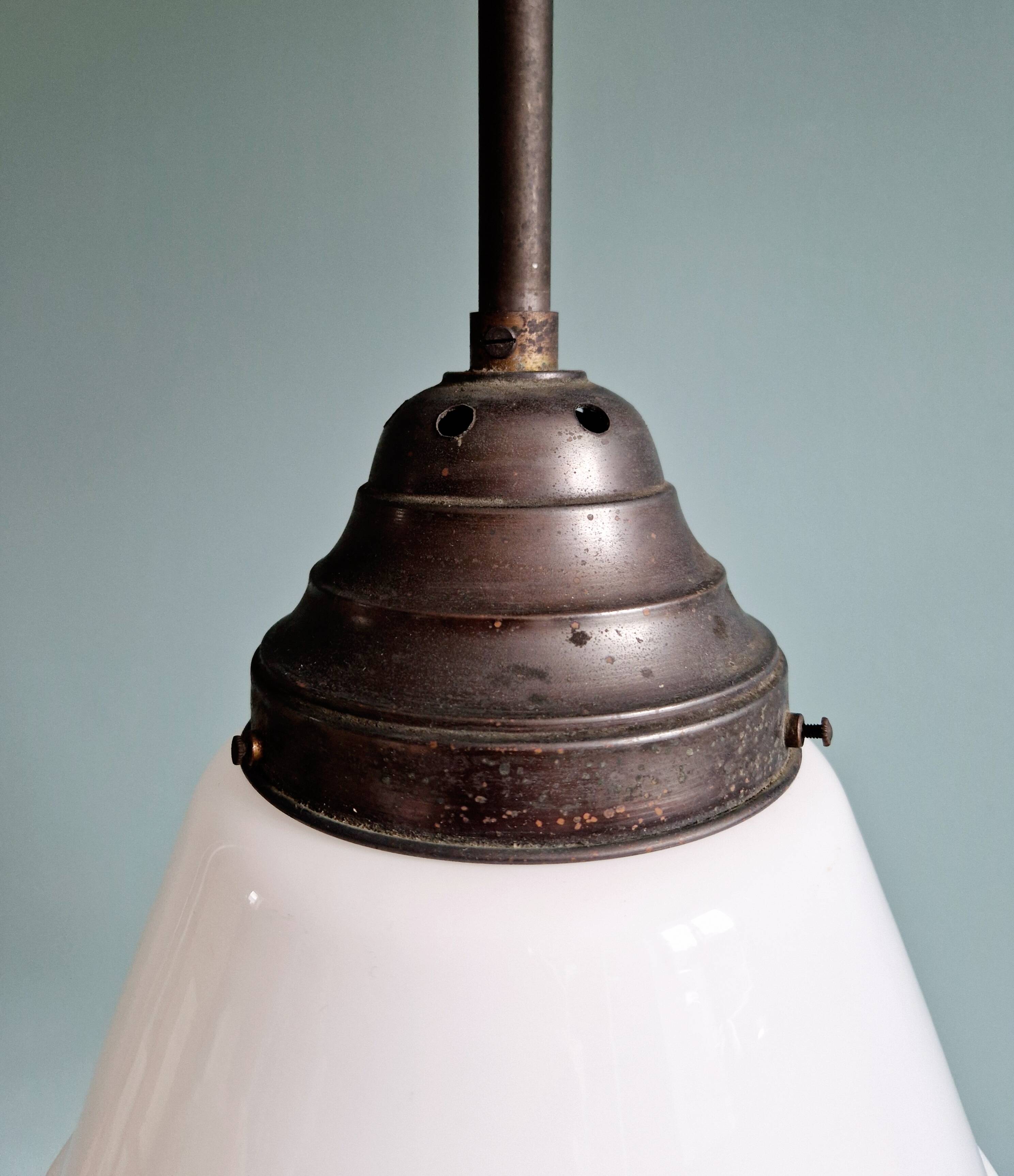 Large Art Deco pendant light in white opaline glass, conical, 1920s-30s
