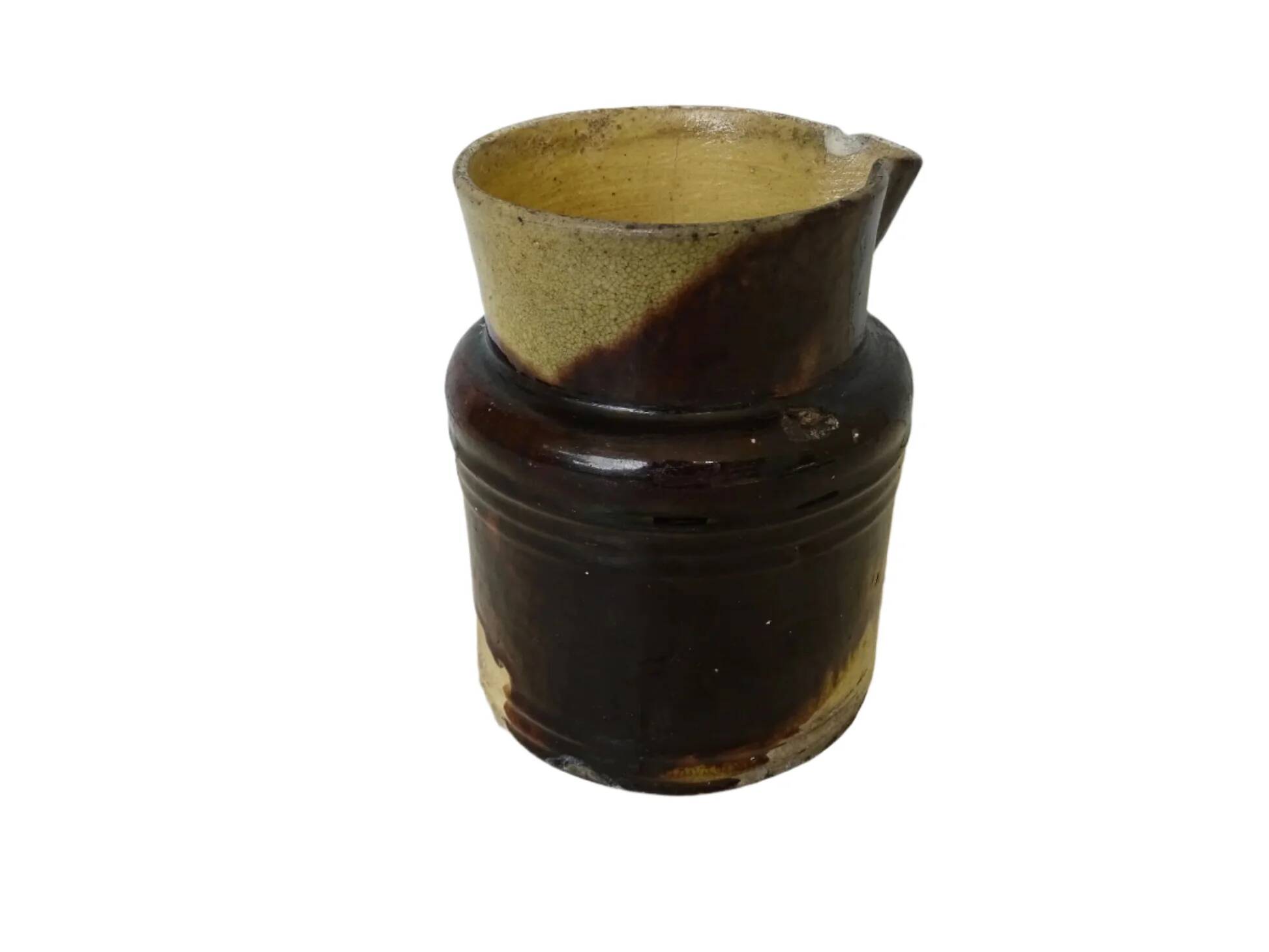 Cruche ancienne en faïence française de Dieulefit, à glace jaune