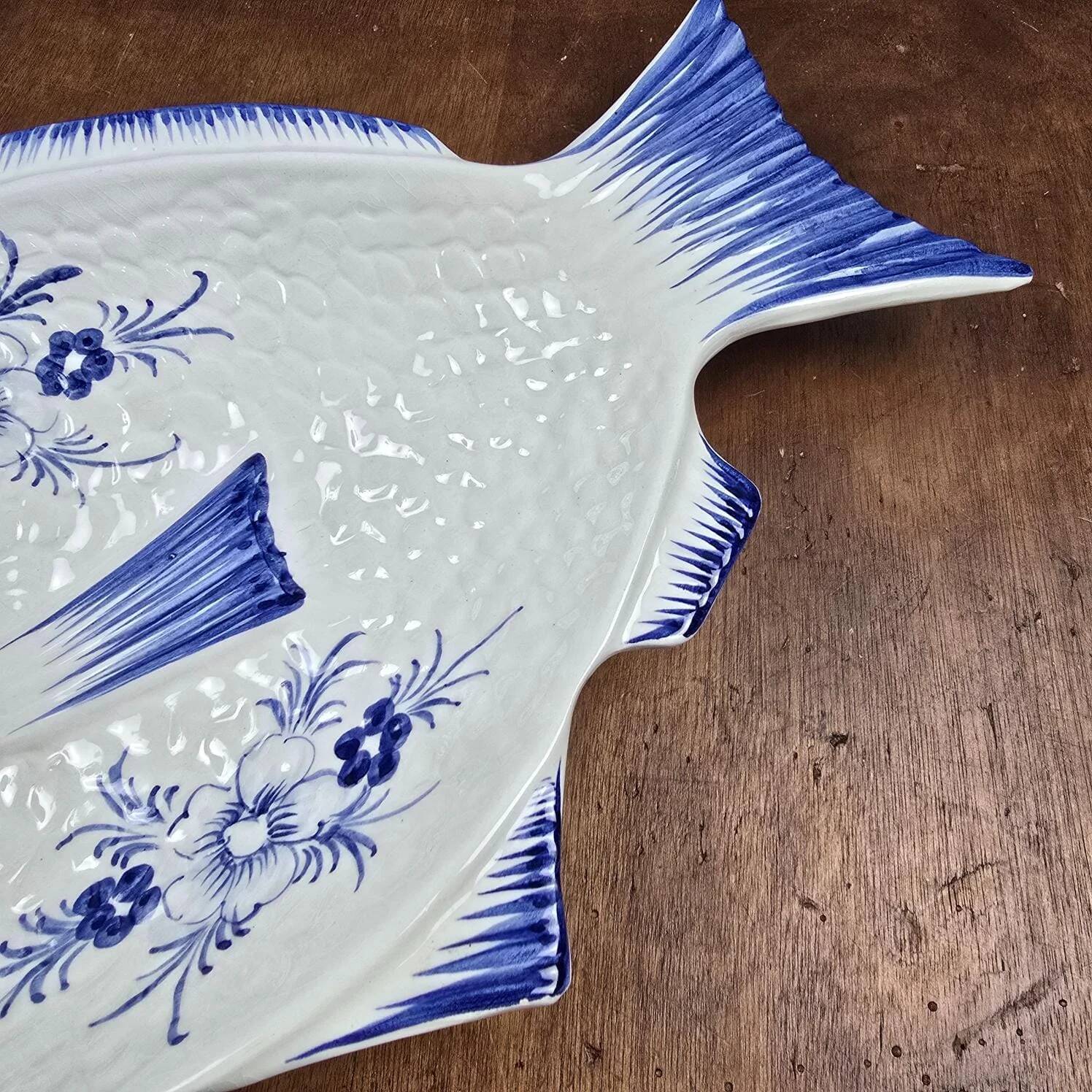 Elegant large vintage fish platter Portugal – Cobalt blue ceramic – 45 cm