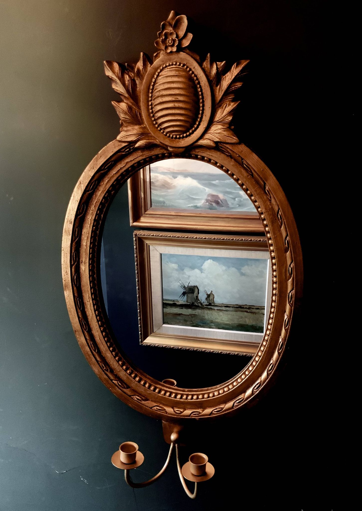 Vintage Swedish Rococo Style Wall Mirror in Gold frame with 2 candle sticks 50s