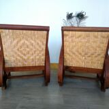 Pair of Art Deco woven rattan armchairs and table