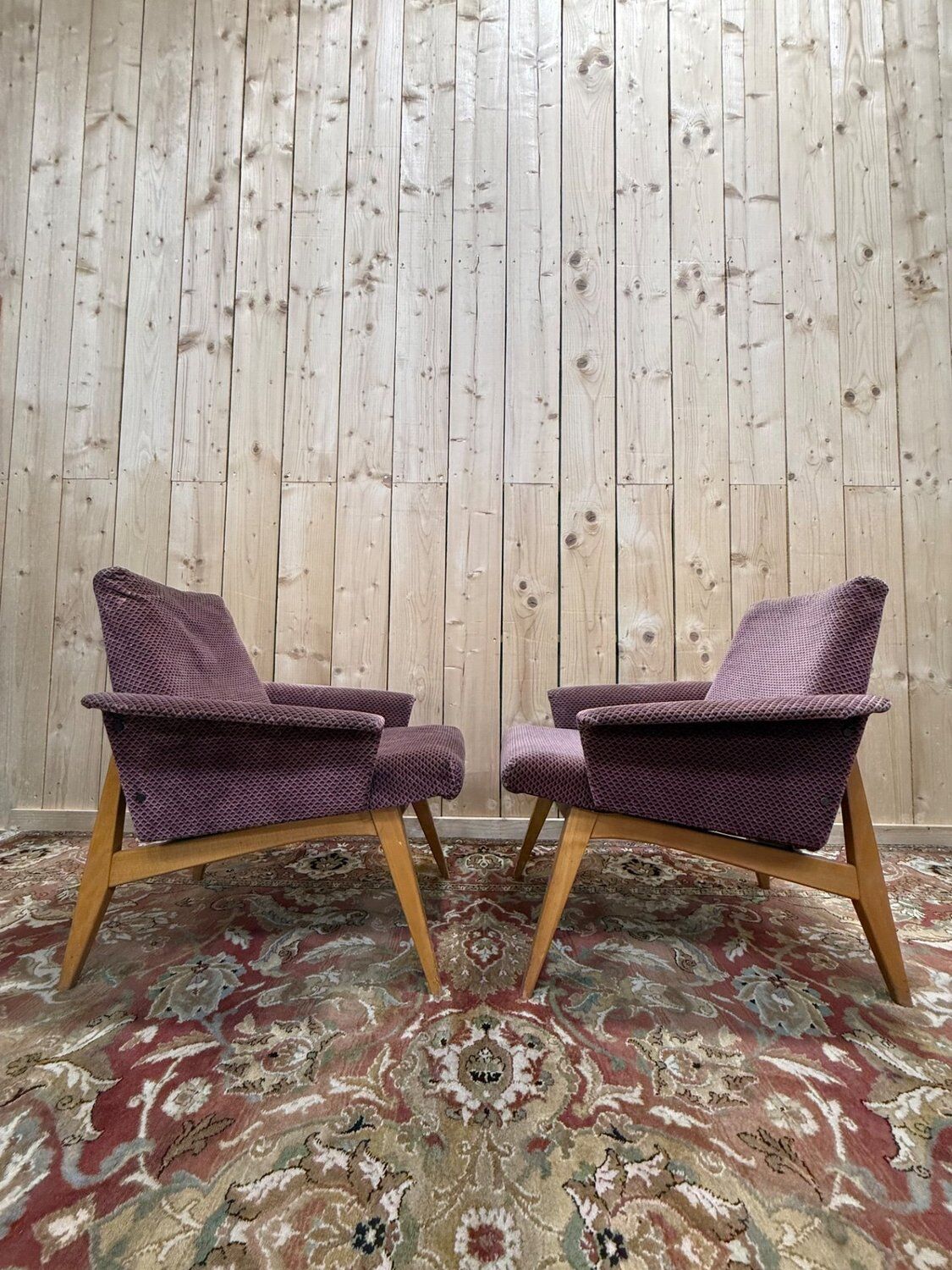Pair of lounge chairs – 1950s/60s – Karl Laible – Oak and velvet