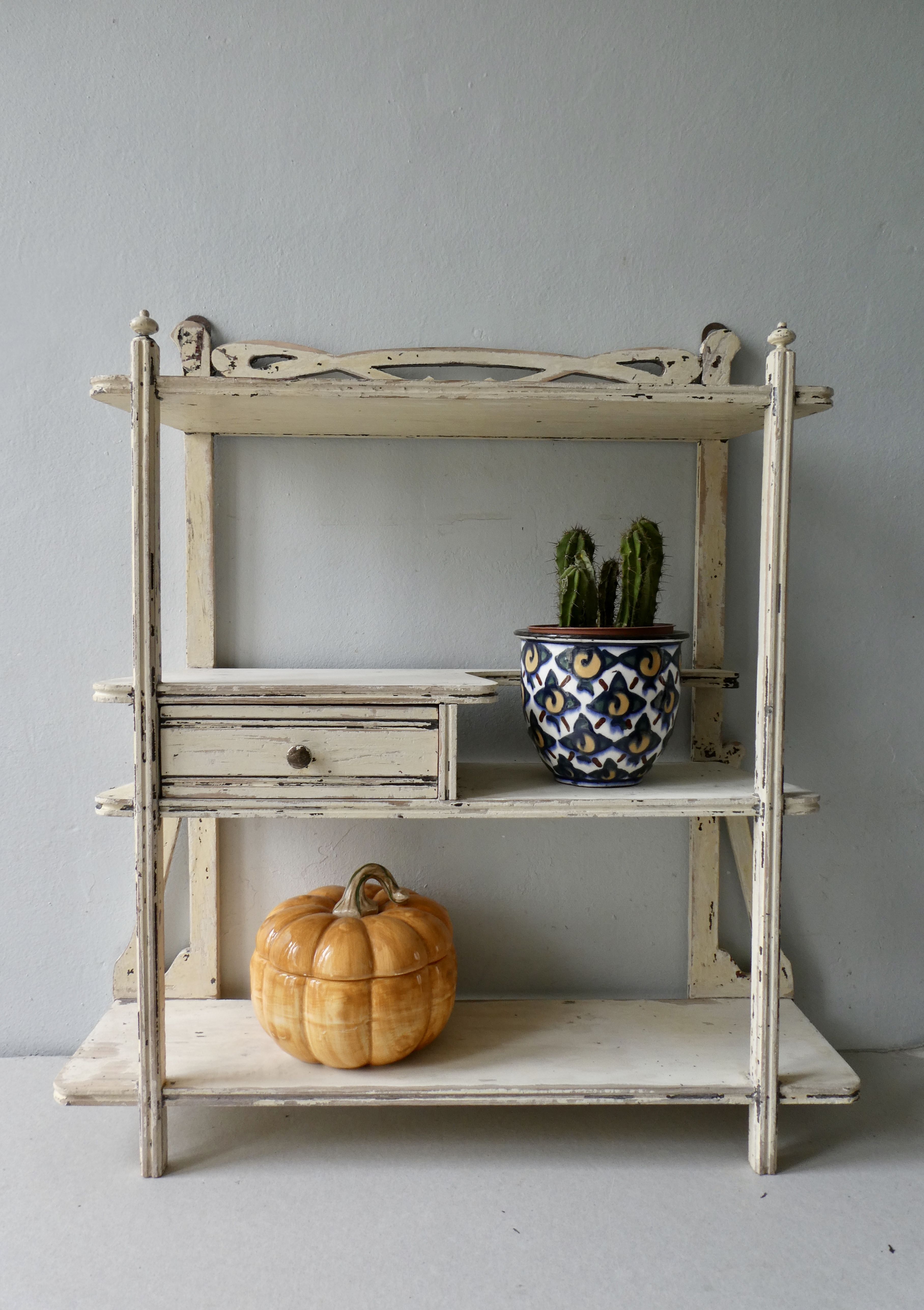 Art Nouveau wall shelf, wooden, cream patina