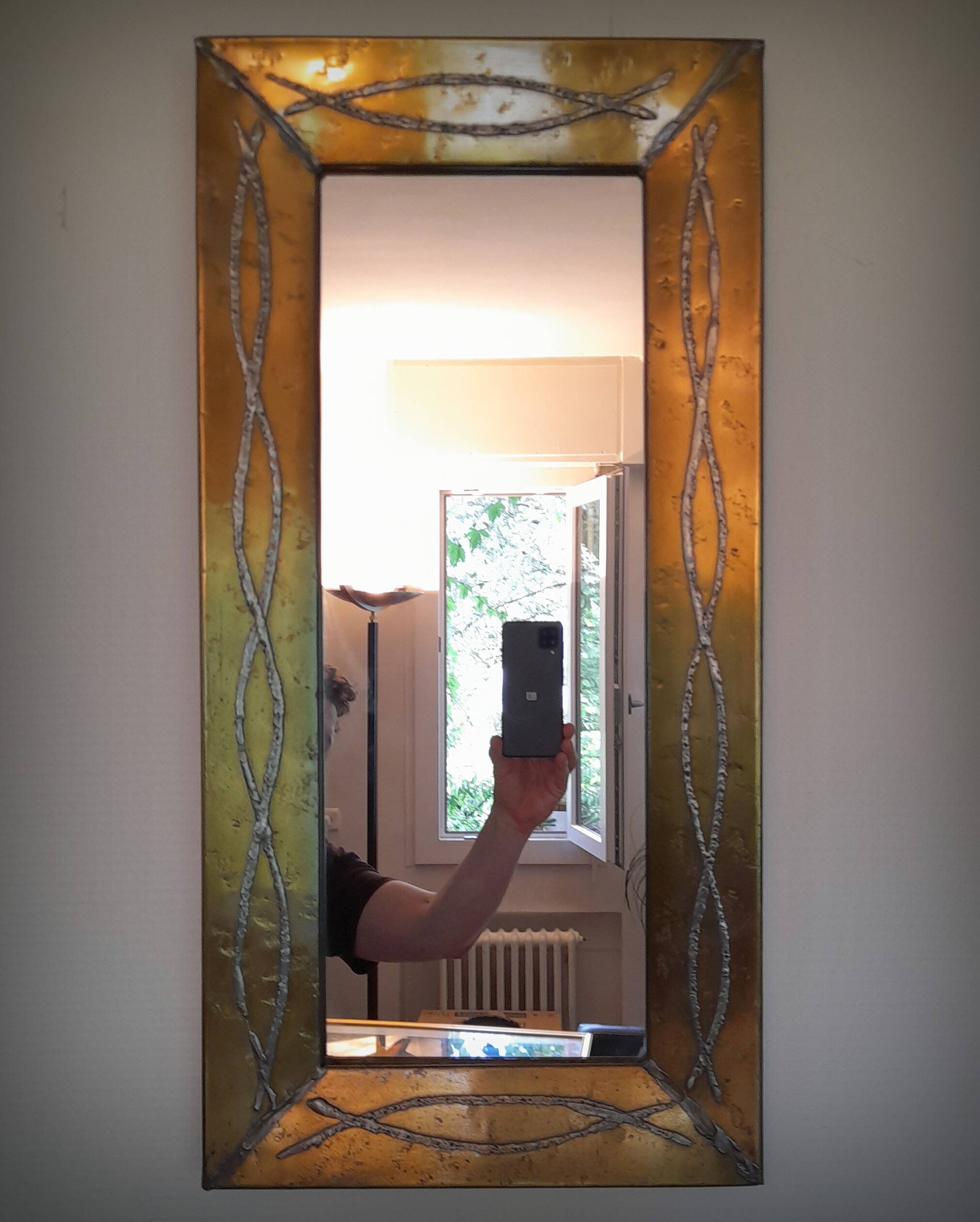Brutalist brass mirror by Jean Goardere, France, 1970s