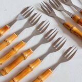 12 dessert forks and a pie server with bamboo handles, 60s